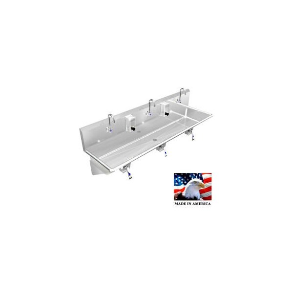 Best Sheet Metal. BSM Inc. Stainless Steel Sink, 3 User w/Knee Valve Operated Faucets, Wall Brackets 72"L X 20"W X 8"D 032K72208B - main